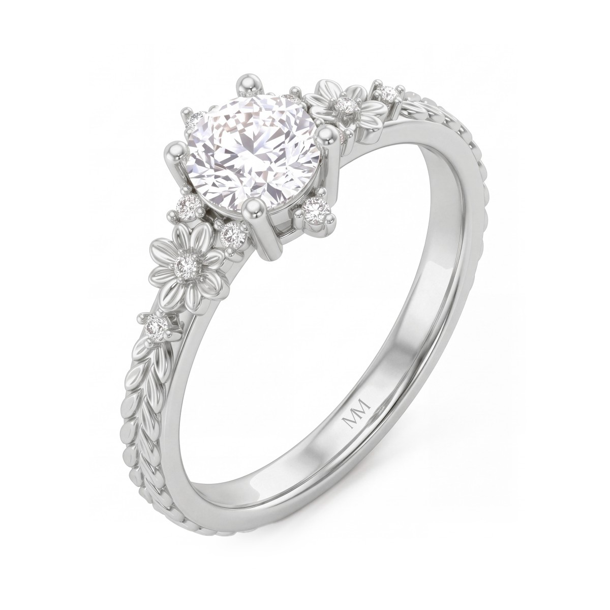 Primrose - Bague vintage en moissanite ronde avec épaulements floraux