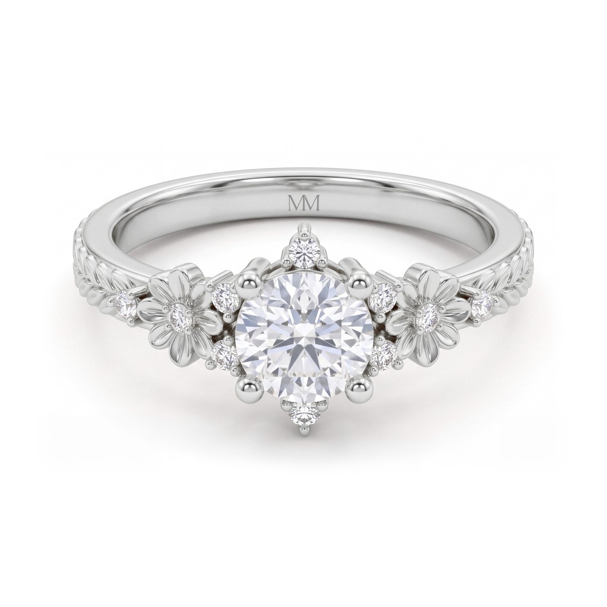 Primrose - Bague vintage en moissanite ronde avec épaulements floraux