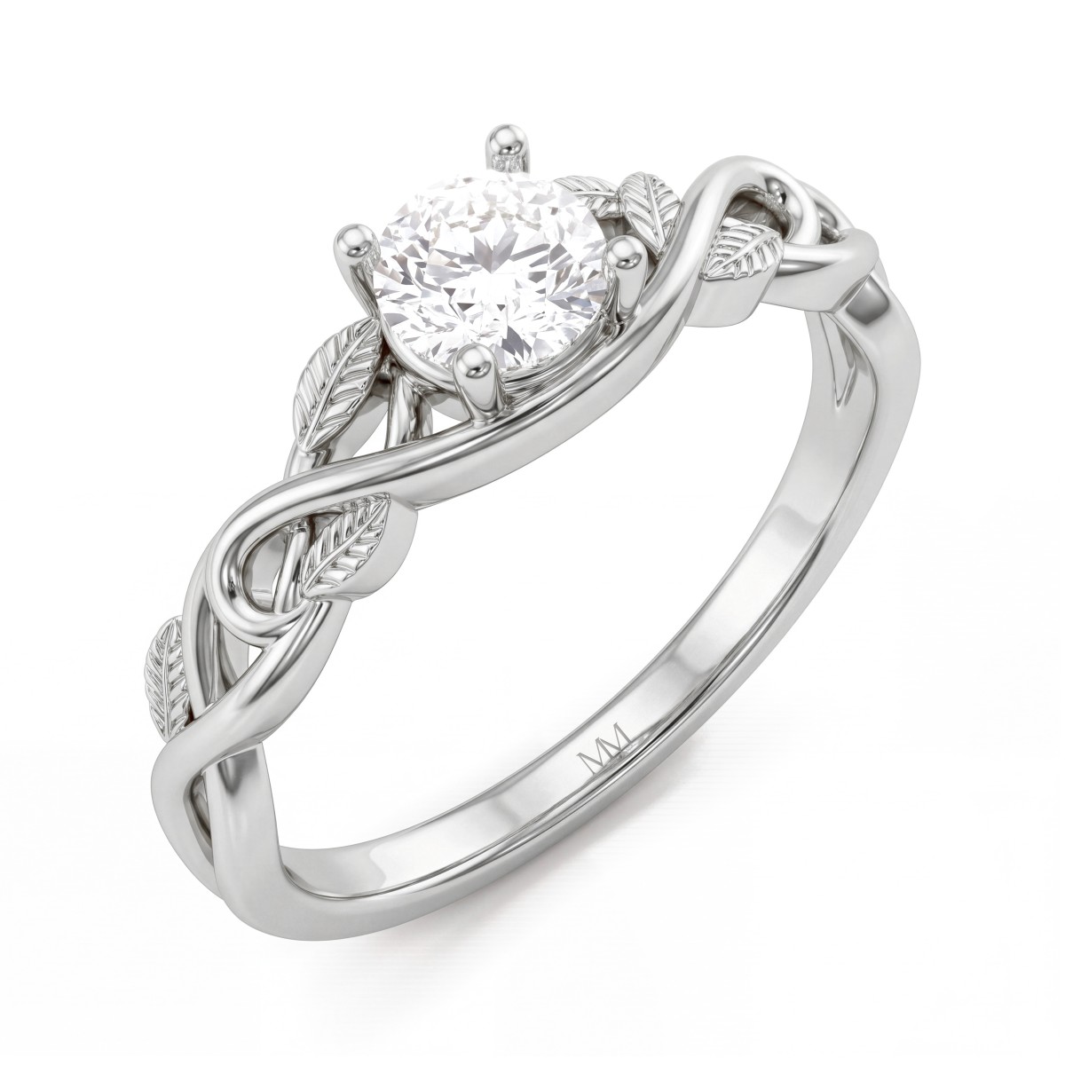 Ivy - Bague de fiançailles en moissanite ronde aux épaulements ornés de motifs de lianes feuillues