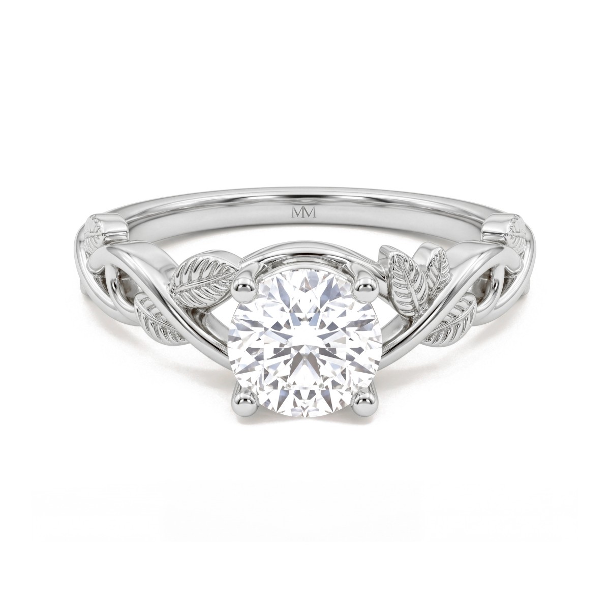 Ivy - Bague de fiançailles en moissanite ronde aux épaulements ornés de motifs de lianes feuillues