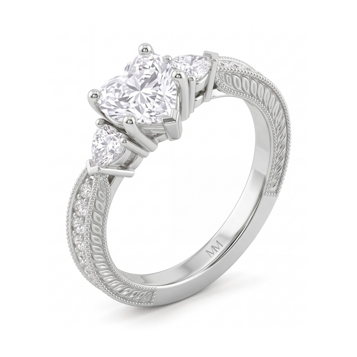 Cherie - Bague en moissanite taille cœur avec pierres latérales en forme de cœur