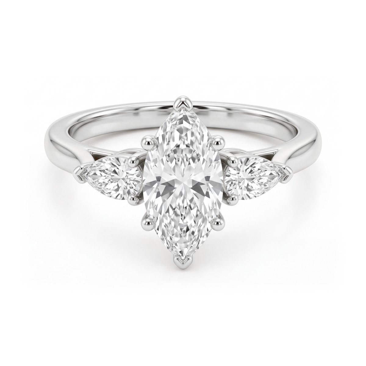 Navette - Bague de fiançailles trilogie en moissanite marquise avec pierres latérales poire orientées vers l’extérieur