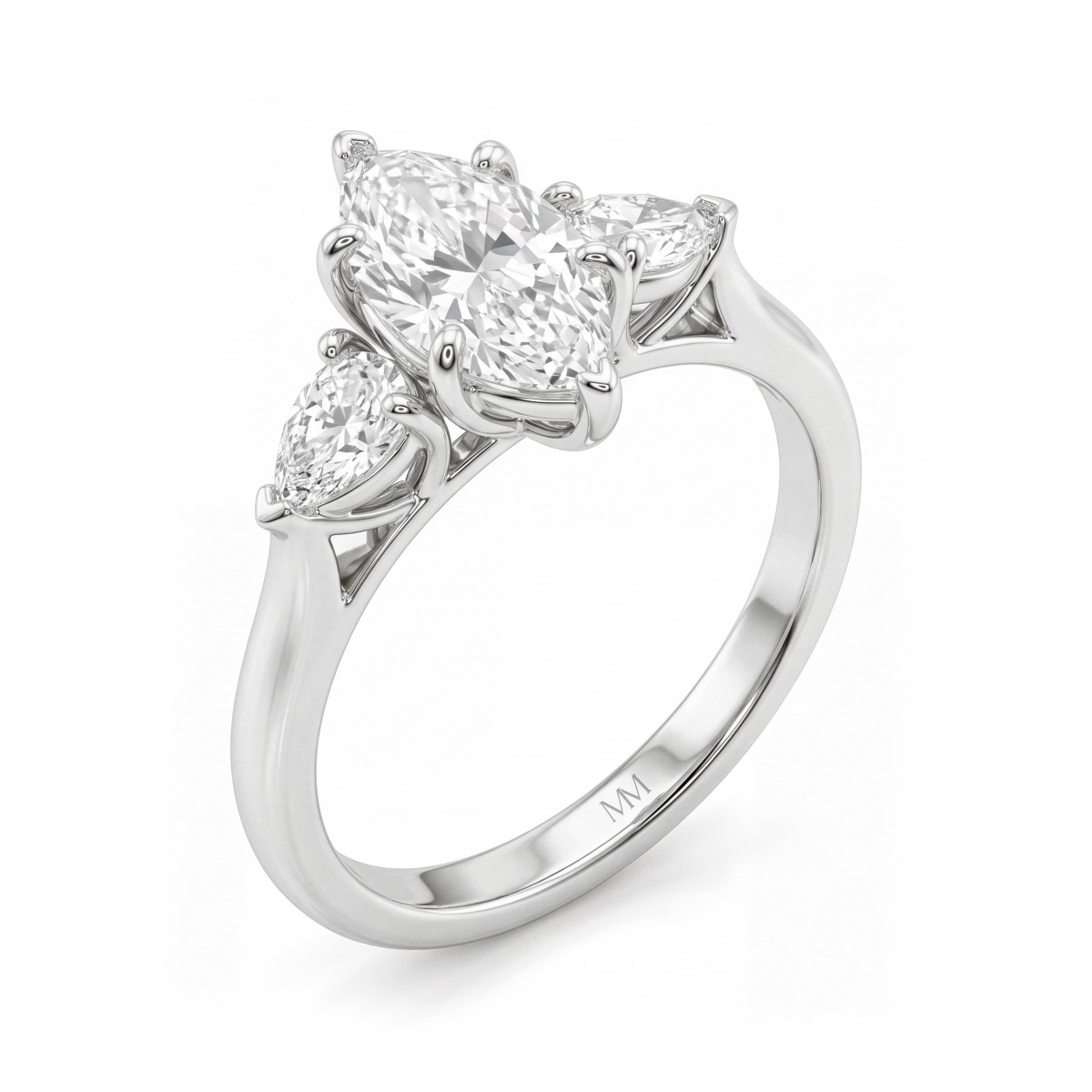 Navette - Bague de fiançailles trilogie en moissanite marquise avec pierres latérales poire orientées vers l’extérieur