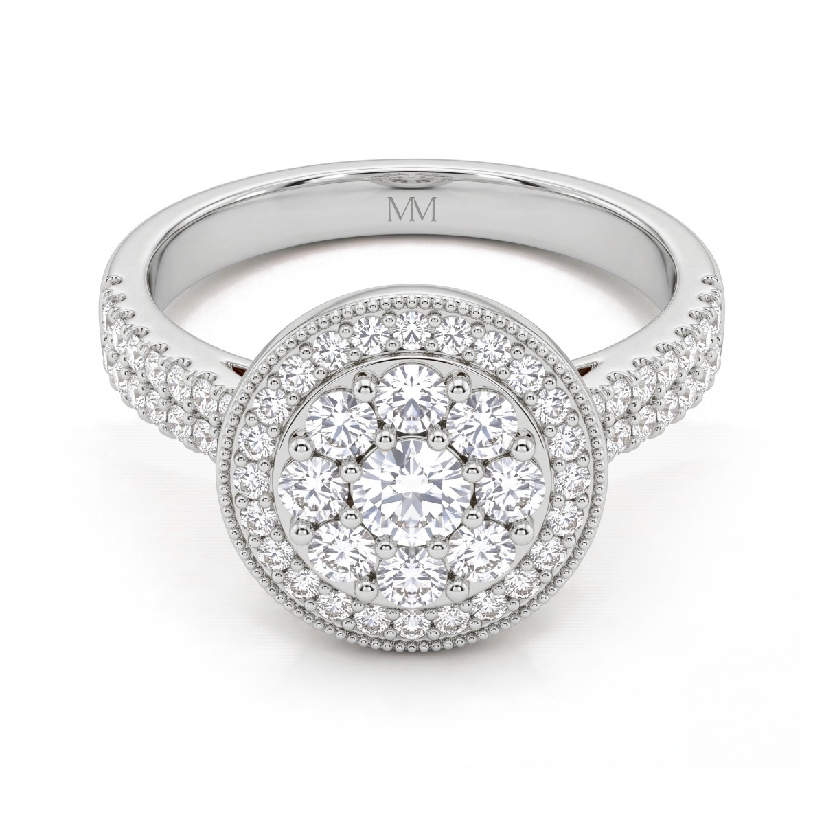 Corollina - Bague en grappe de moissanites rondes avec halo et épaulements pavés
