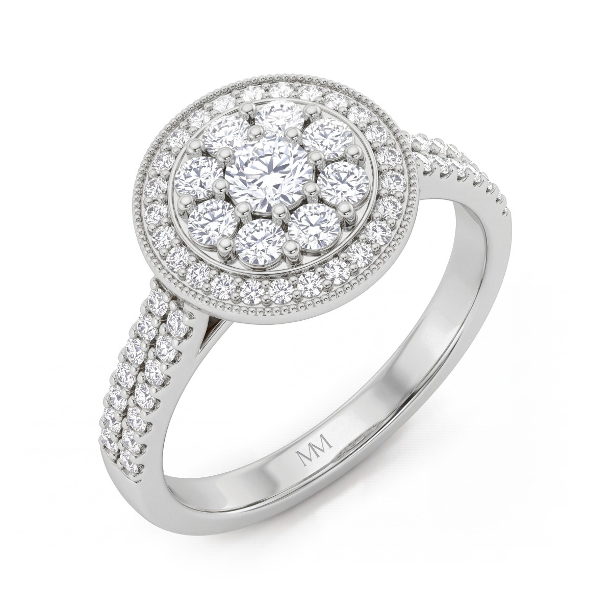 Corollina - Bague en grappe de moissanites rondes avec halo et épaulements pavés