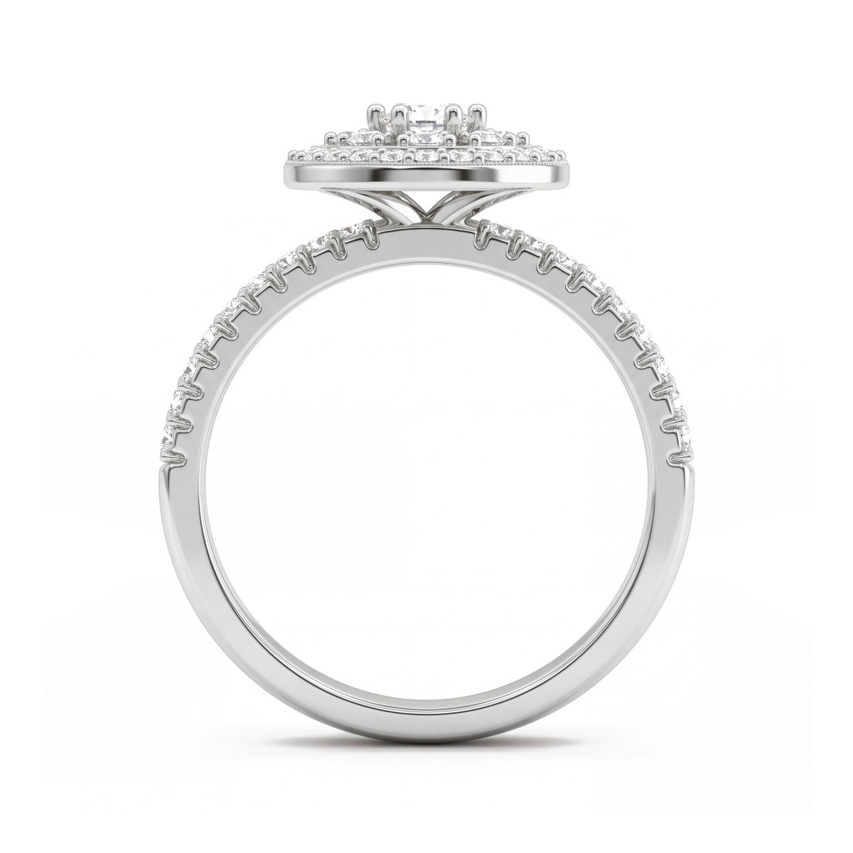 Corollina - Bague en grappe de moissanites rondes avec halo et épaulements pavés