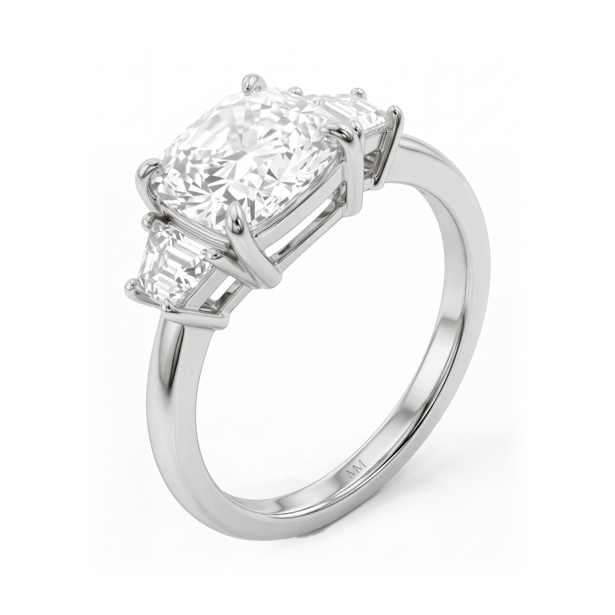 Trinity - Bague trilogie en moissanite coussin avec pierres latérales trapézoïdales