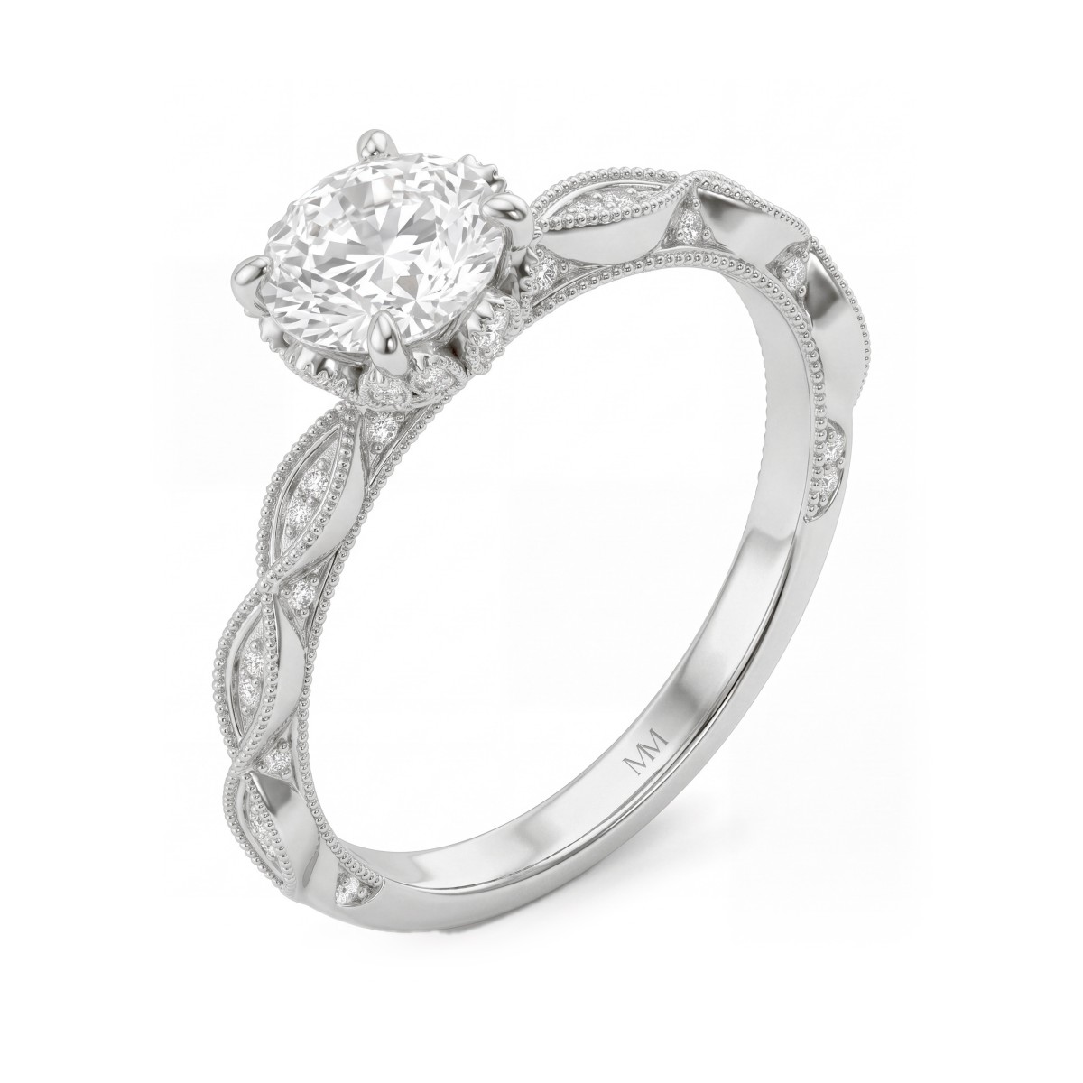 Plume - Bague vintage en moissanite ronde avec collerette lotus pavée