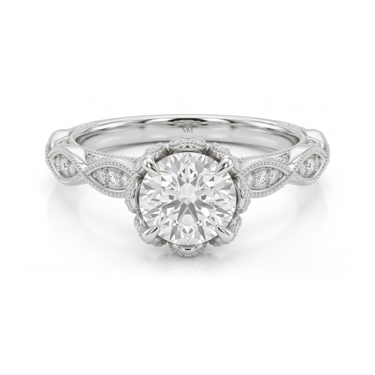 Plume - Bague vintage en moissanite ronde avec collerette lotus pavée