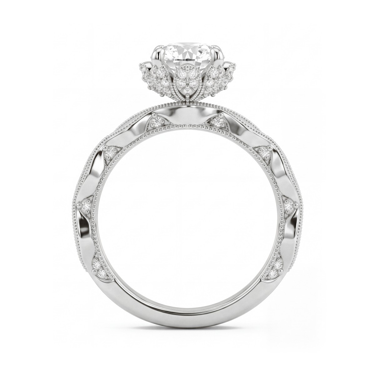 Plume - Bague vintage en moissanite ronde avec collerette lotus pavée