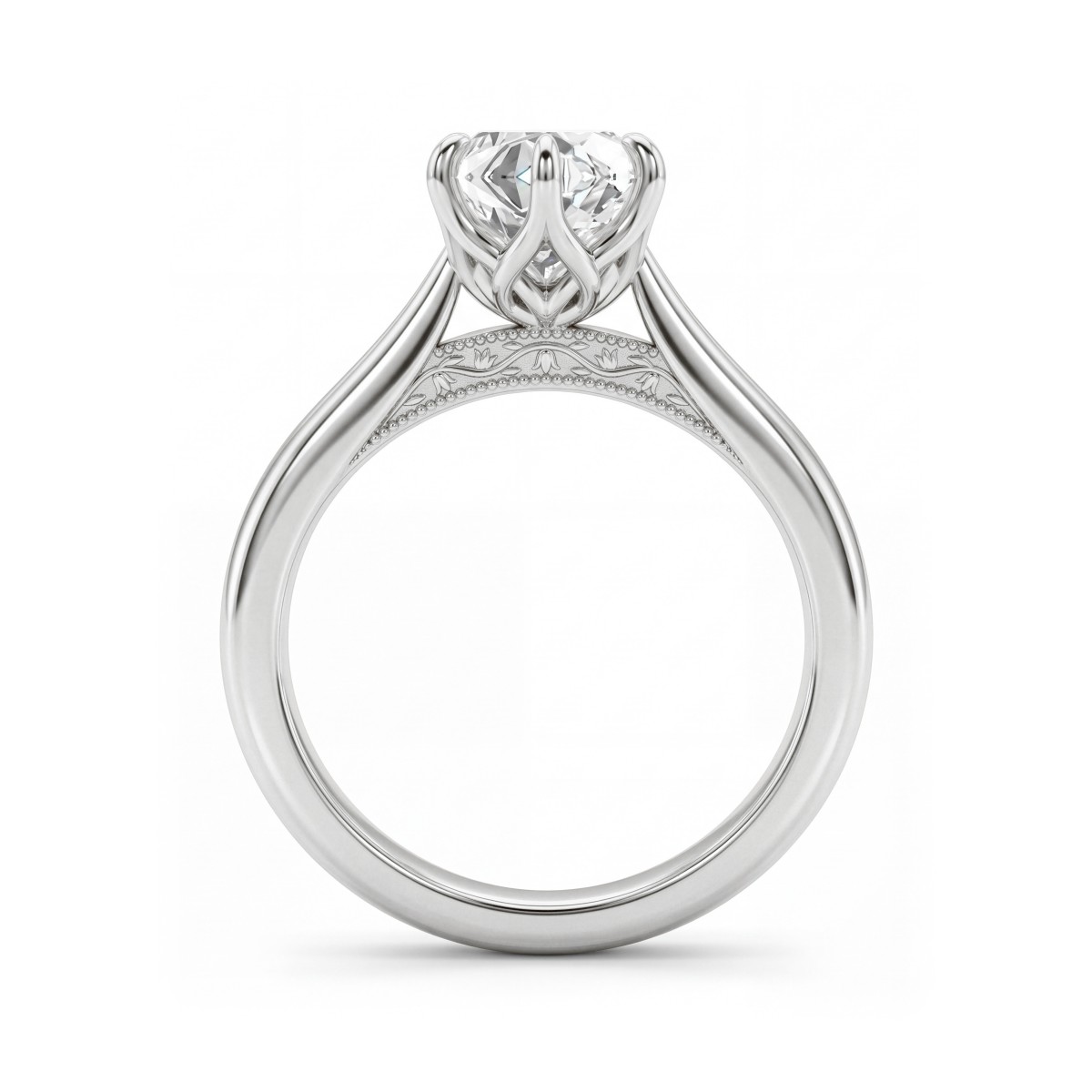 Lotella - Bague de fiançailles en moissanite ronde avec panier sculpté en forme de lotus