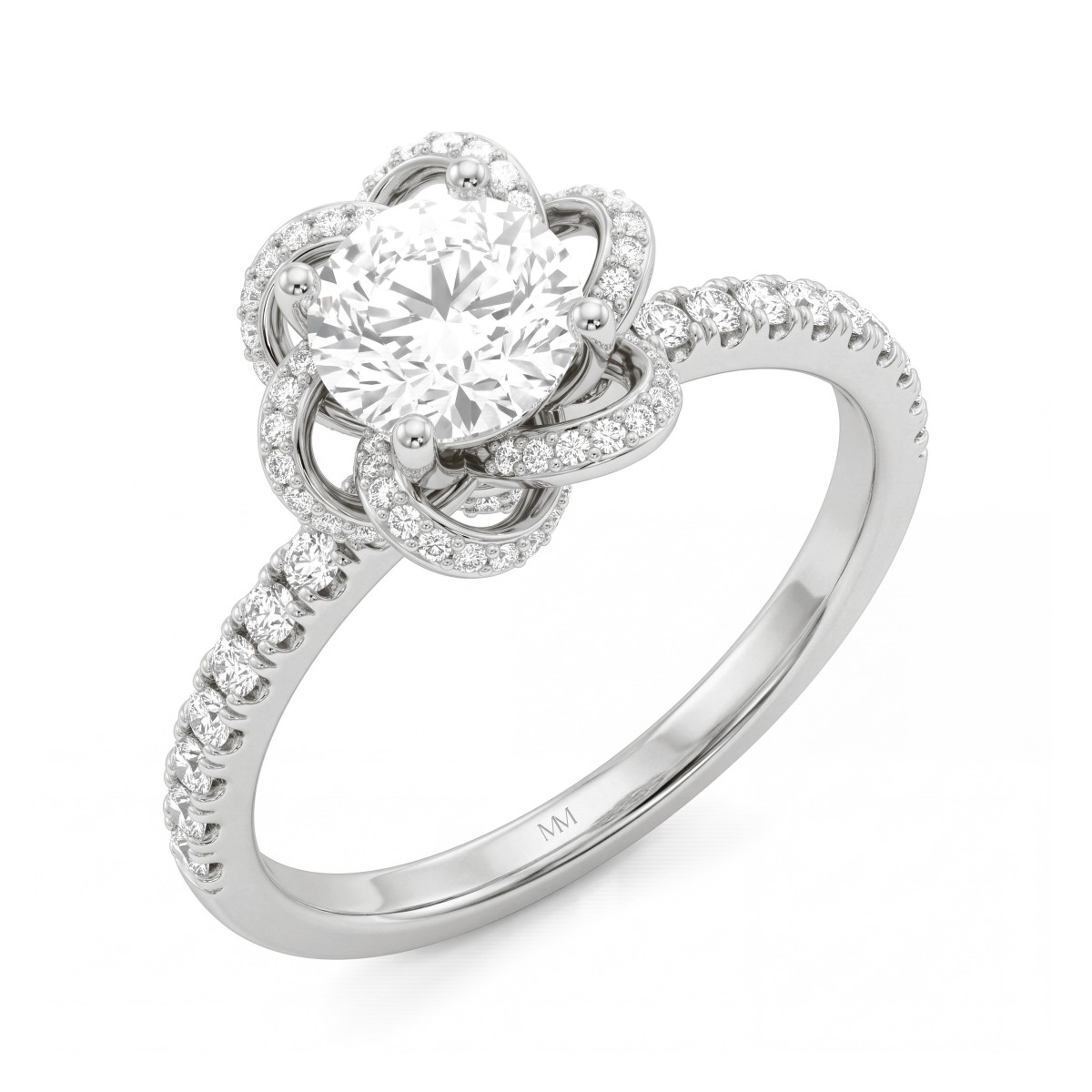 Camellia - Bague en moissanite ronde avec des pétales pavés en forme de ruban