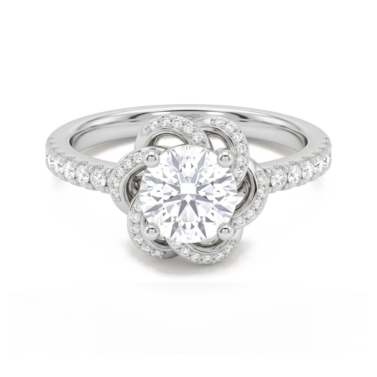 Camellia - Bague en moissanite ronde avec des pétales pavés en forme de ruban
