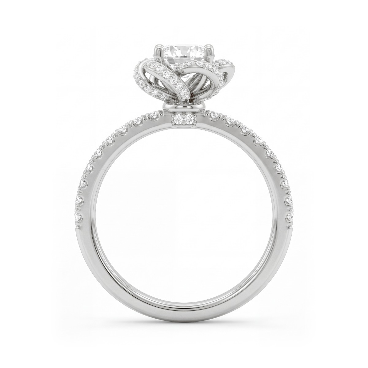 Camellia - Bague en moissanite ronde avec des pétales pavés en forme de ruban
