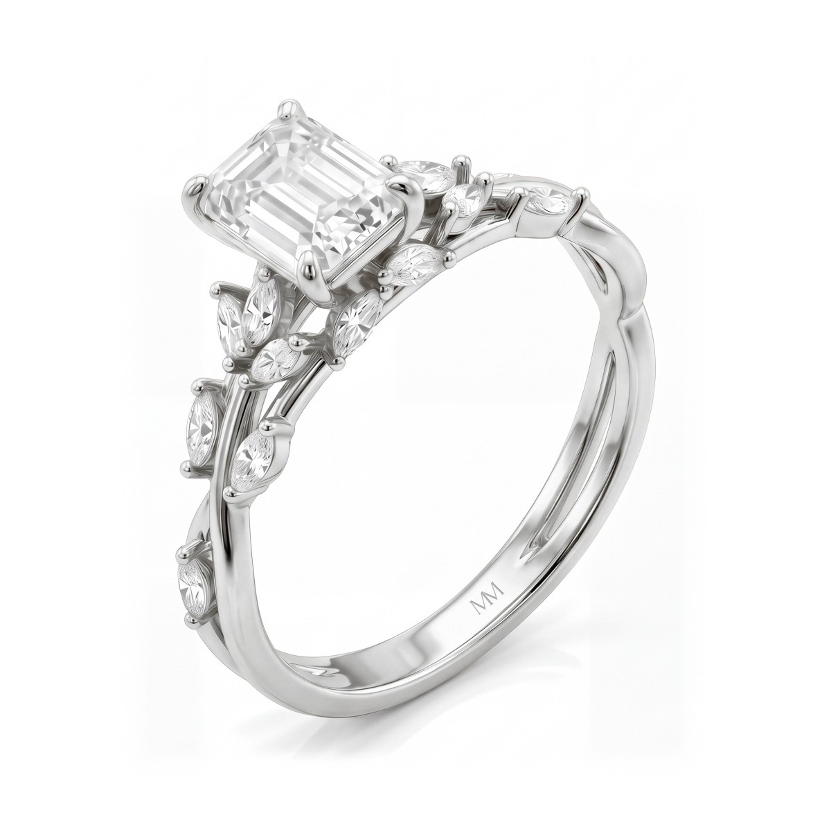 Eden - Bague en moissanite taille émeraude avec anneau à motif de liane orné de marquises
