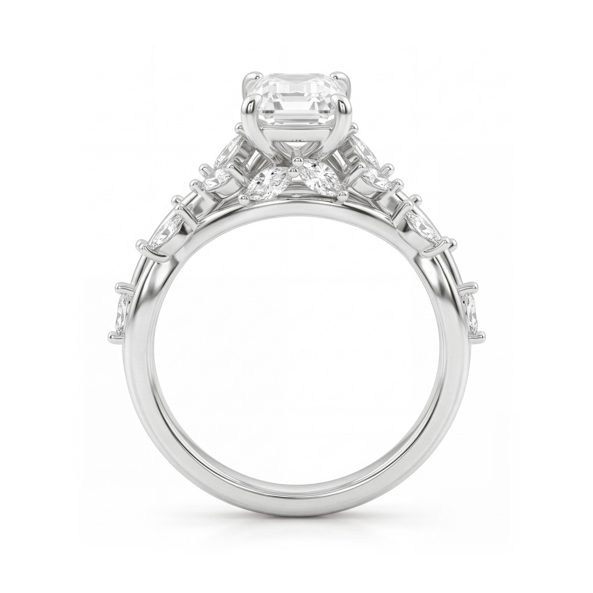 Eden - Bague en moissanite taille émeraude avec anneau à motif de liane orné de marquises