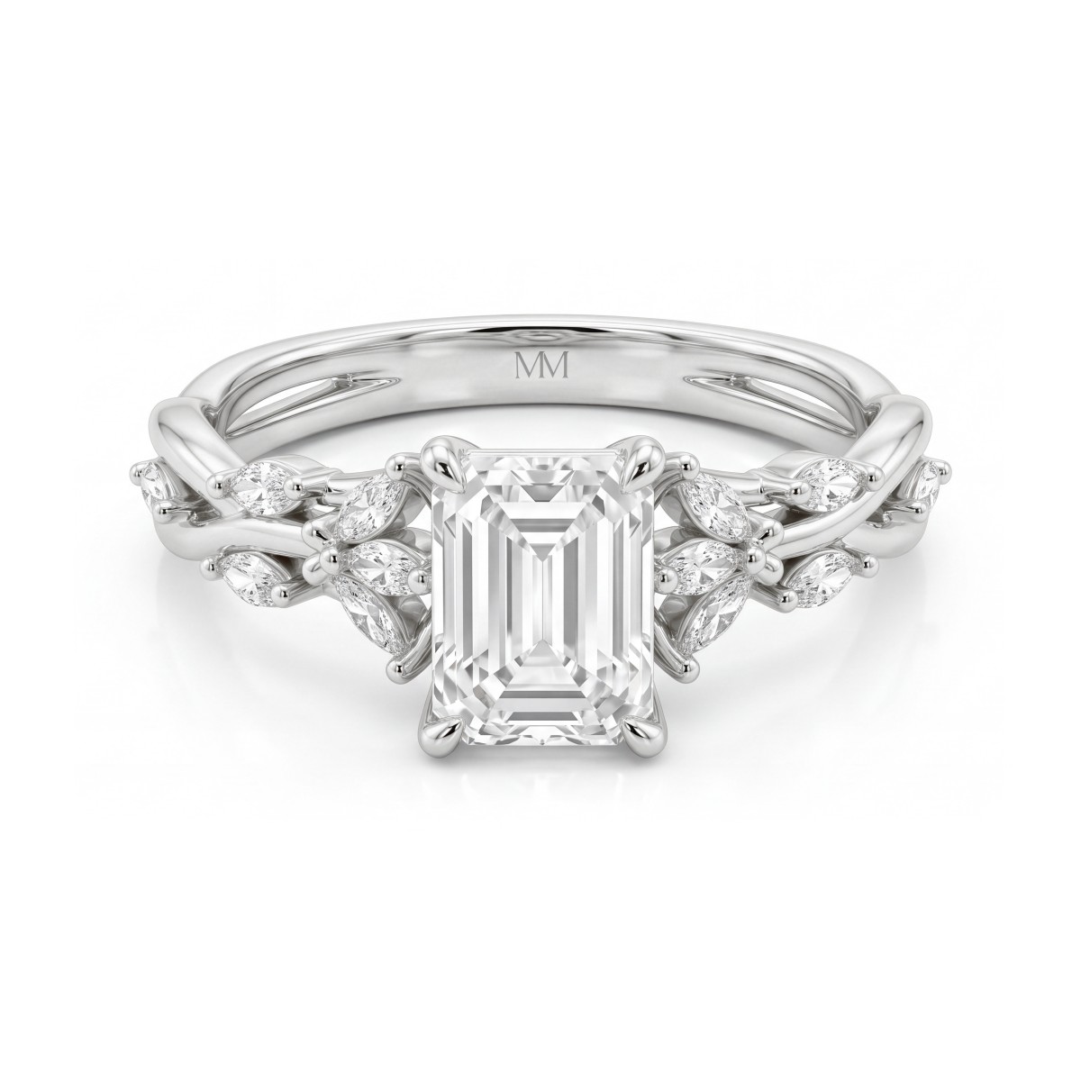 Eden - Bague en moissanite taille émeraude avec anneau à motif de liane orné de marquises