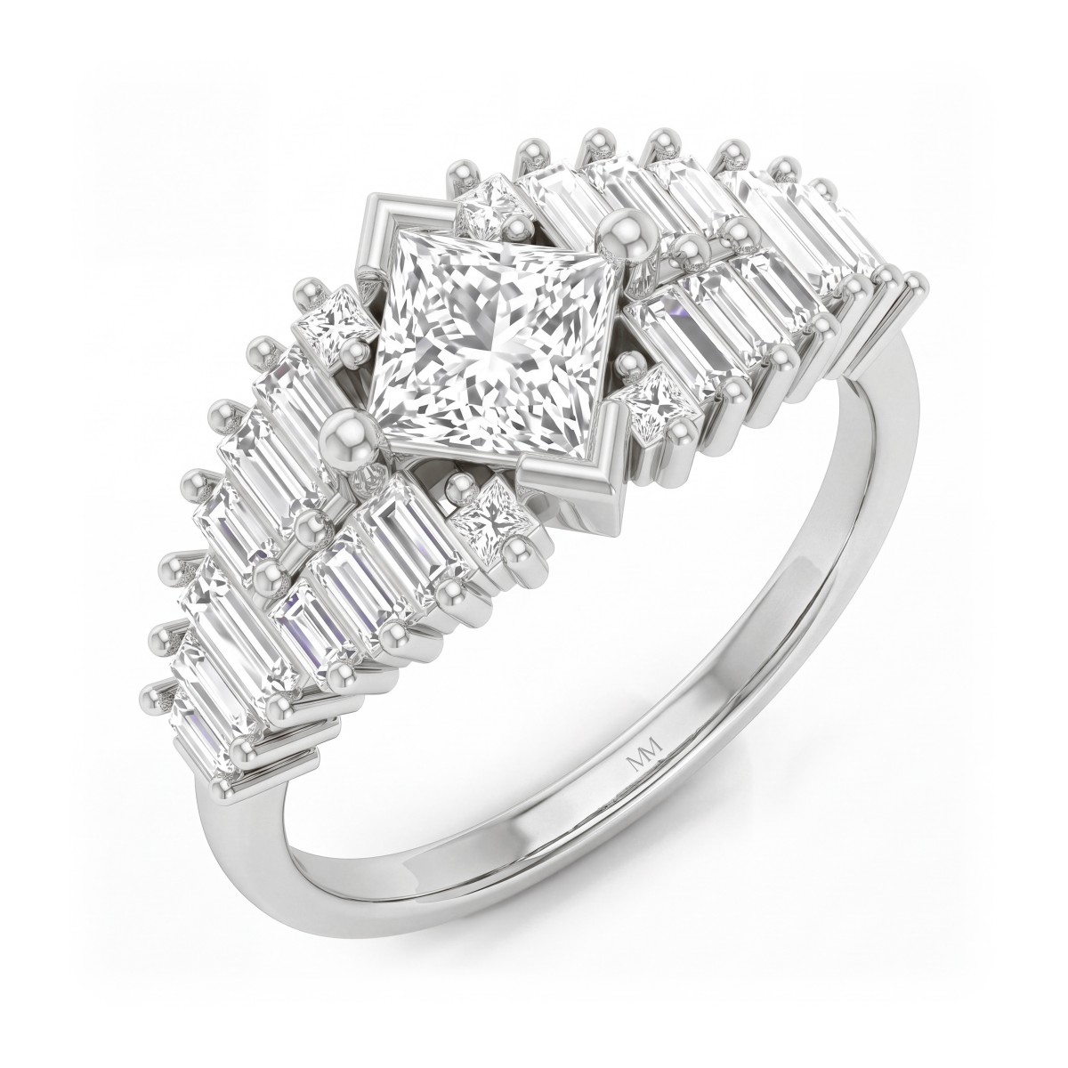 Princelle - Bague art déco en moissanite taille princesse avec épaulements étagés sertis de pierres taille baguette