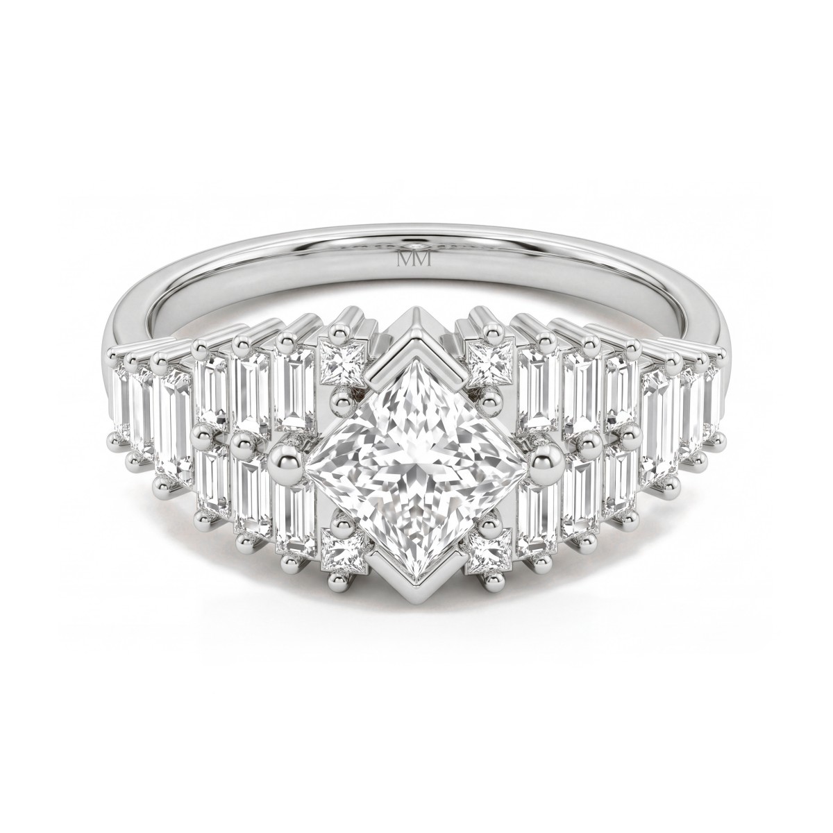 Princelle - Bague art déco en moissanite taille princesse avec épaulements étagés sertis de pierres taille baguette