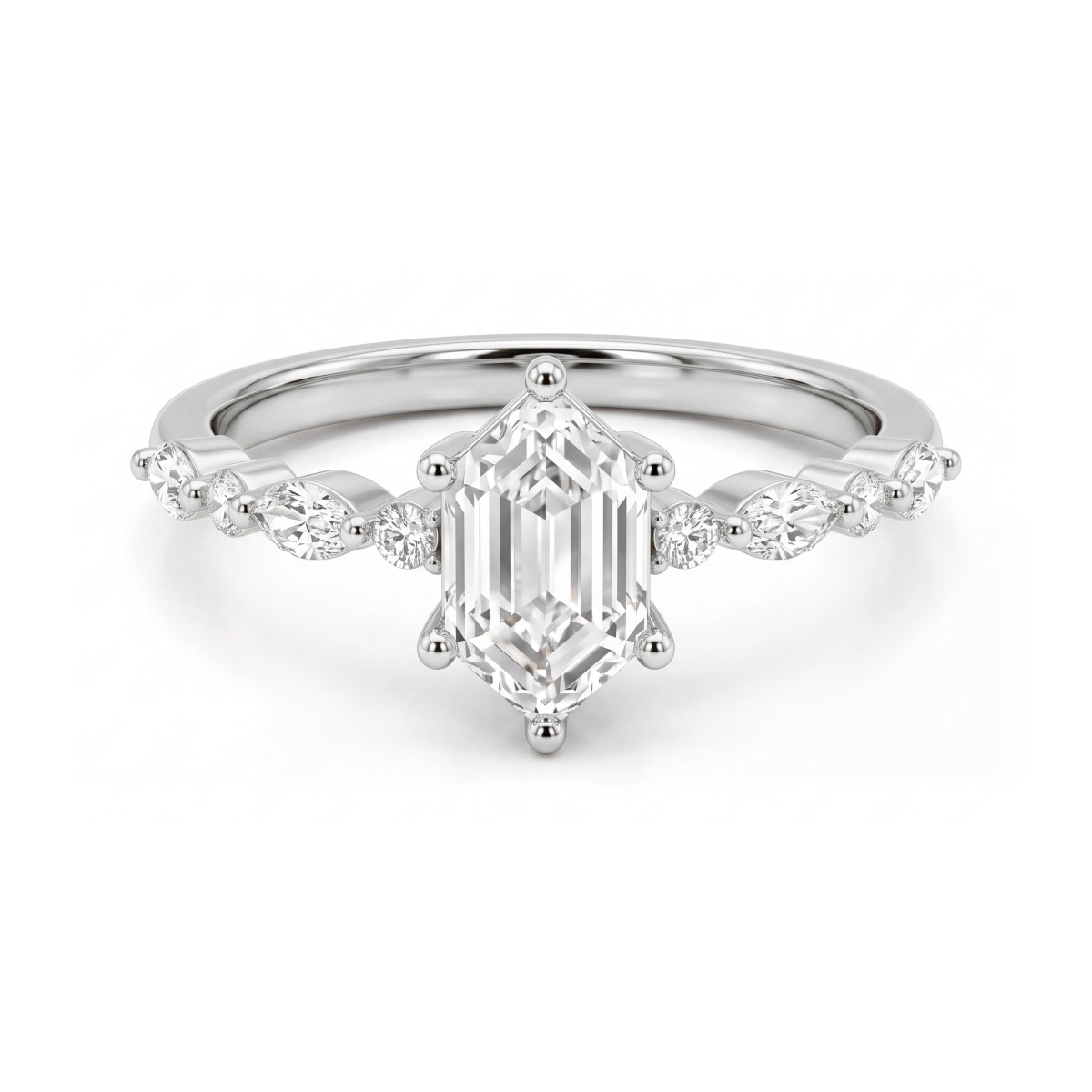 Prisma - Bague de fiançailles en moissanite en forme d’hexagone allongé avec pierres latérales de taille marquise et rondes