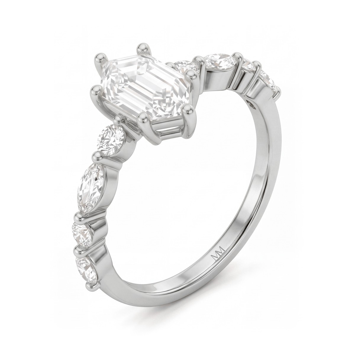 Prisma - Bague de fiançailles en moissanite en forme d’hexagone allongé avec pierres latérales de taille marquise et rondes