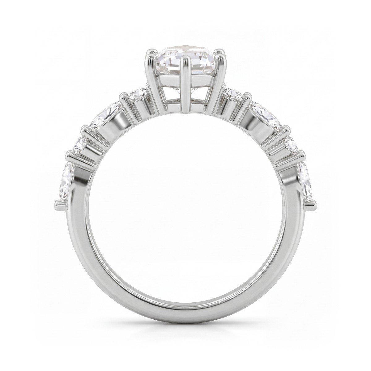 Prisma - Bague de fiançailles en moissanite en forme d’hexagone allongé avec pierres latérales de taille marquise et rondes