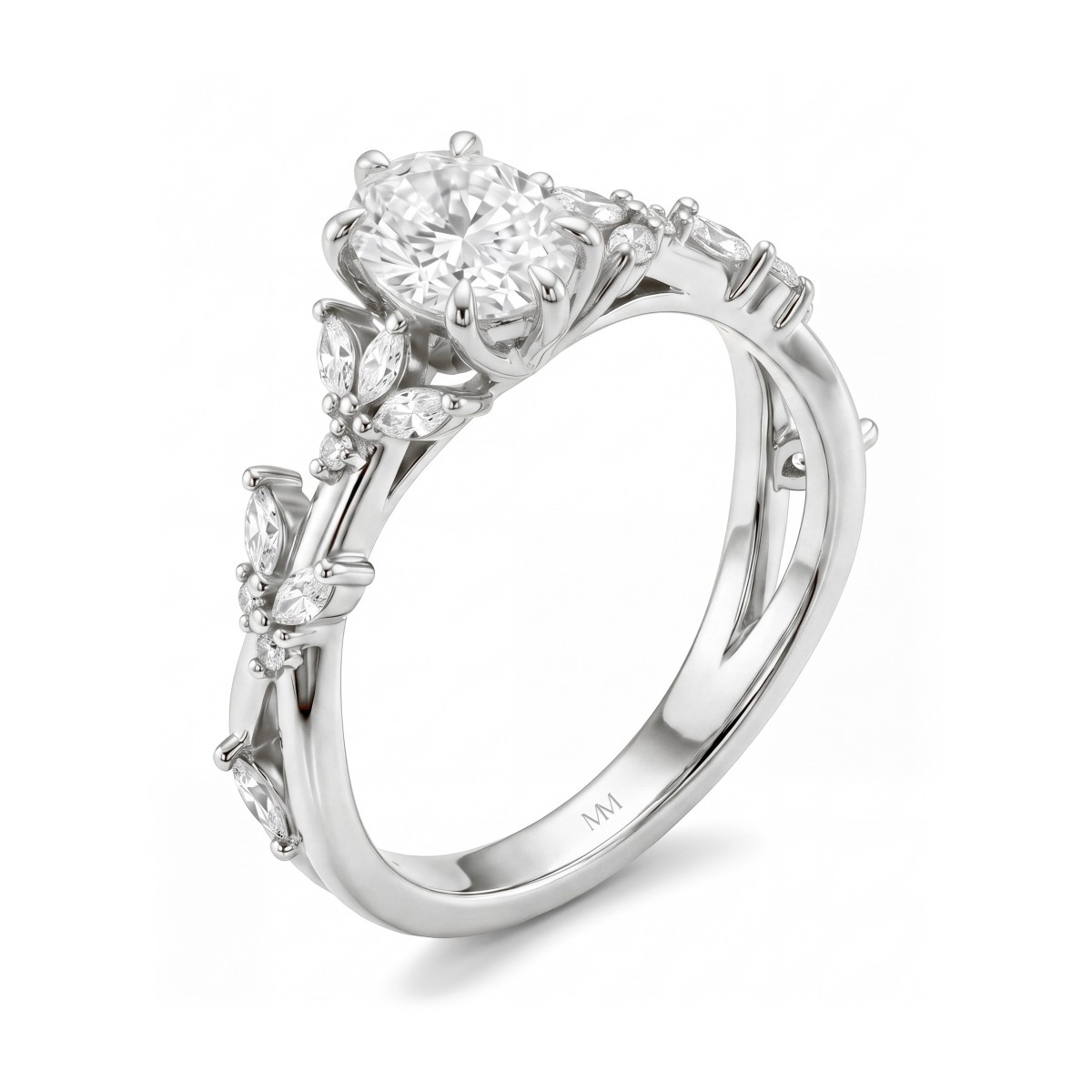 Sylvaine - Bague de fiançailles en moissanite ovale avec grappes de pierres taille marquise évoquant des feuilles et corps de bague dédoublé