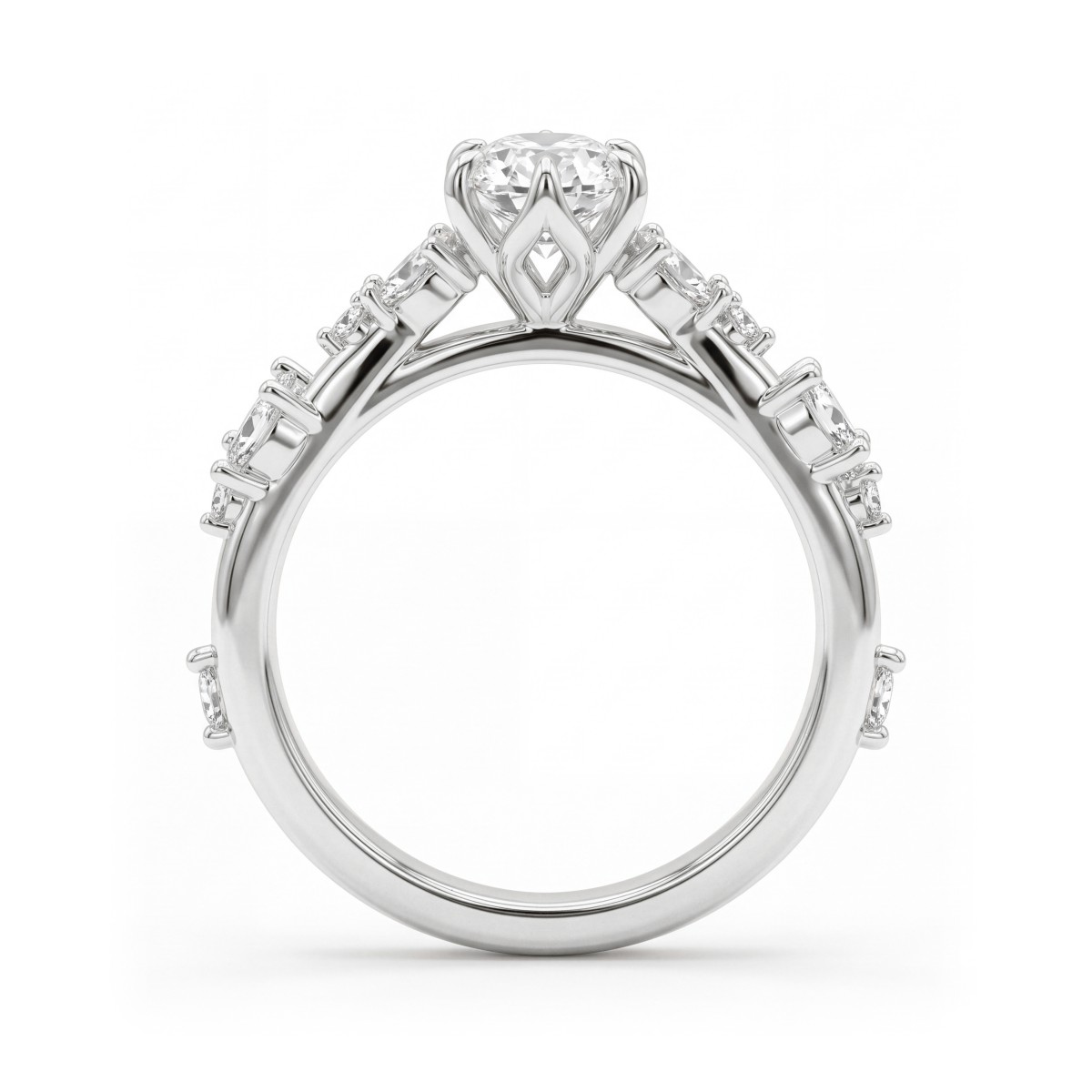 Sylvaine - Bague de fiançailles en moissanite ovale avec grappes de pierres taille marquise évoquant des feuilles et corps de bague dédoublé
