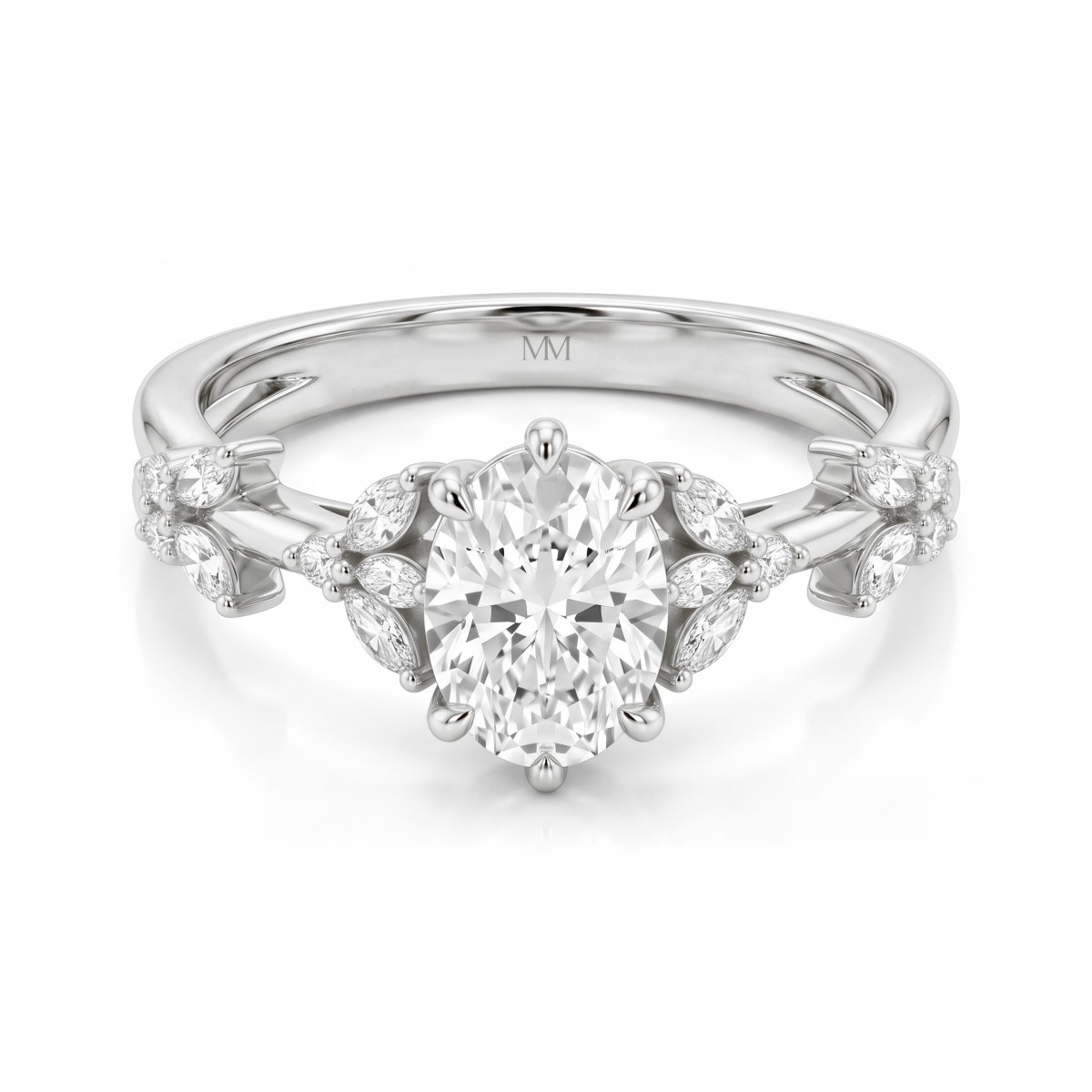 Sylvaine - Bague de fiançailles en moissanite ovale avec grappes de pierres taille marquise évoquant des feuilles et corps de bague dédoublé