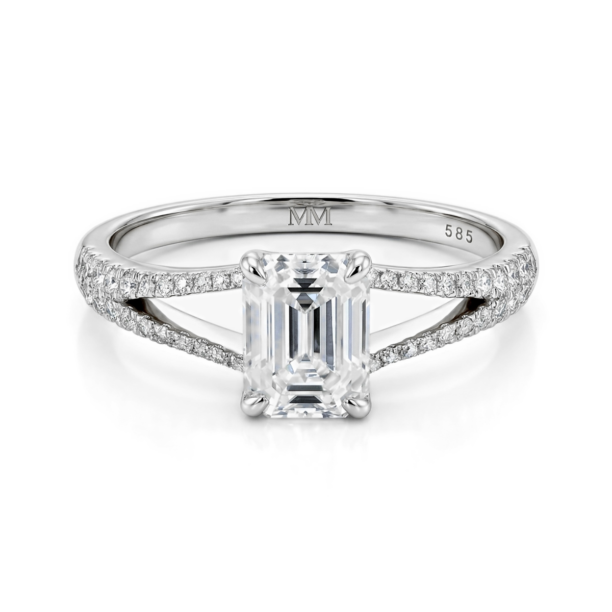 Emelise - Bague en moissanite taille émeraude avec corps de bague dédoublé et pierres latérales