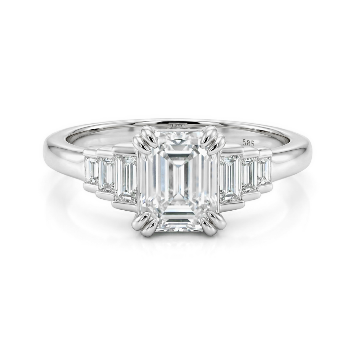 Rectanglo - Bague en moissanite taille émeraude avec pierres d’accompagnement taille baguette