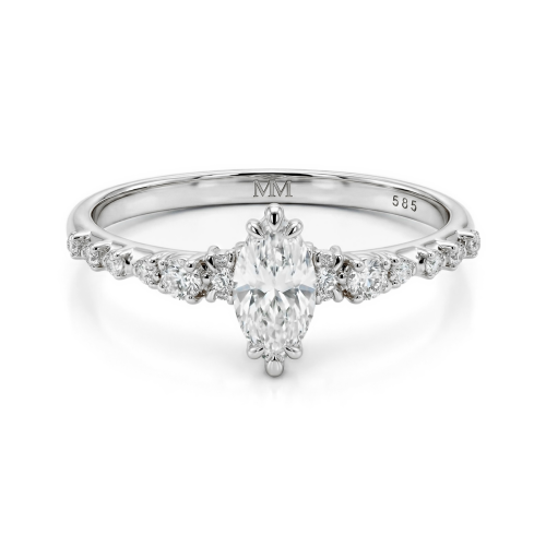 Elegante - Bague en moissanite taille marquise avec pierres latérales minimalistes d’inspiration vintage
