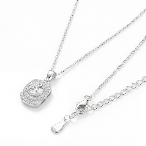 Memento - Pendentif en moissanite brillante avec halo pavé