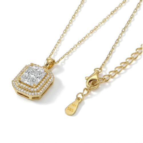 Cristallo - Collier avec pendentif en moissanite taille radiant à double halo