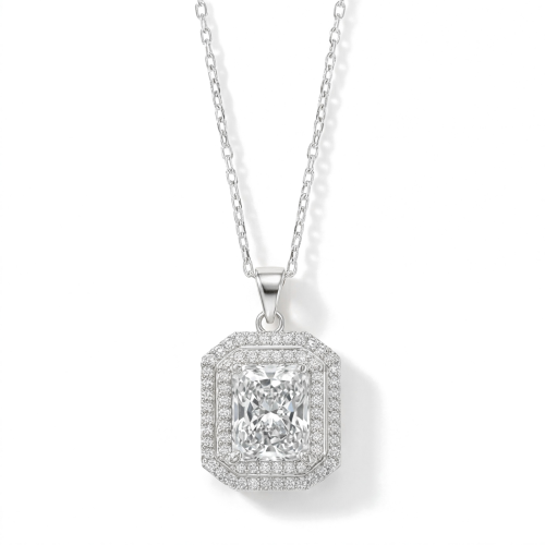 Cristallo - Collier avec pendentif en moissanite taille radiant à double halo
