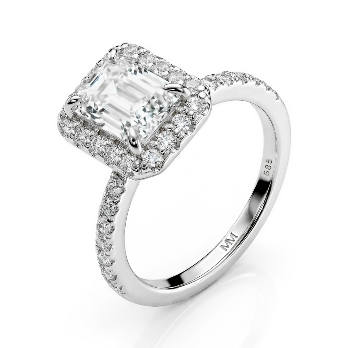 Esmeralda - Bague en moissanite de taille émeraude avec halo et pierres latérales