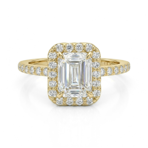Esmeralda – Bague en moissanite taille émeraude en serti halo