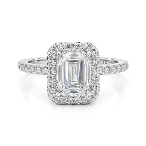 Esmeralda – Bague en moissanite taille émeraude en serti halo