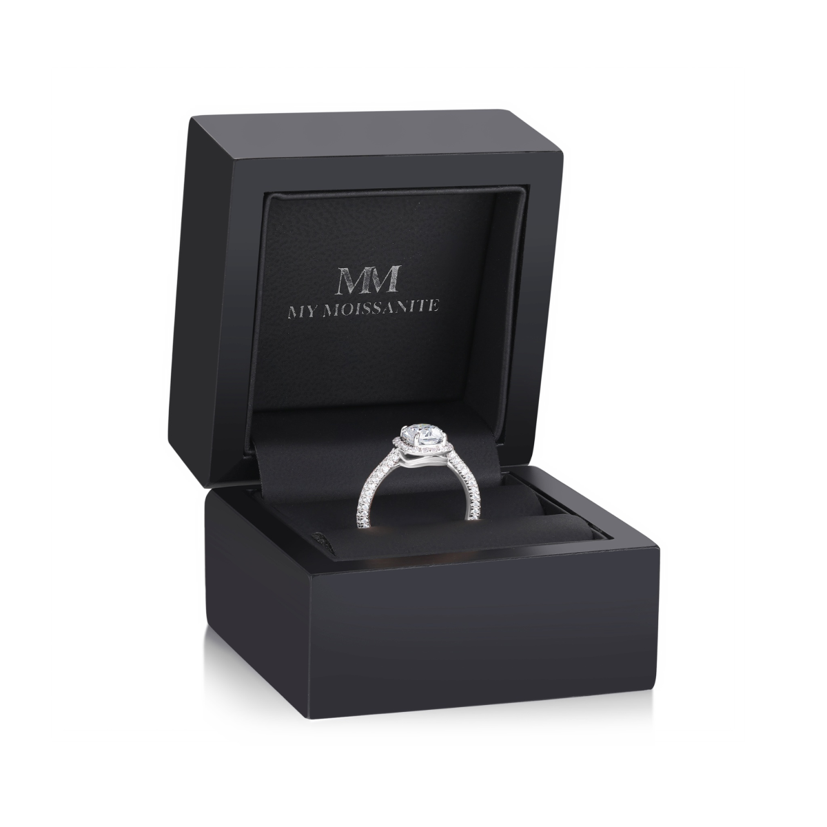 Plushette - Bague de fiançailles en moissanite taille coussin allongée avec halo et corps de bague micropavé