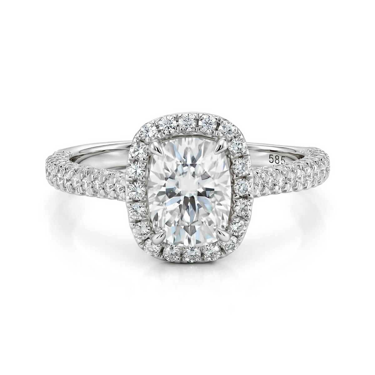 Plushette - Bague de fiançailles en moissanite taille coussin allongée avec halo et corps de bague micropavé
