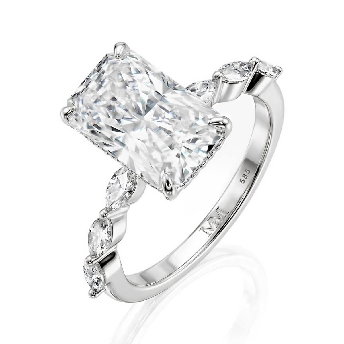 Luminaire - Bague en moissanite taille radiant avec pierres latérales taille marquise et halo caché