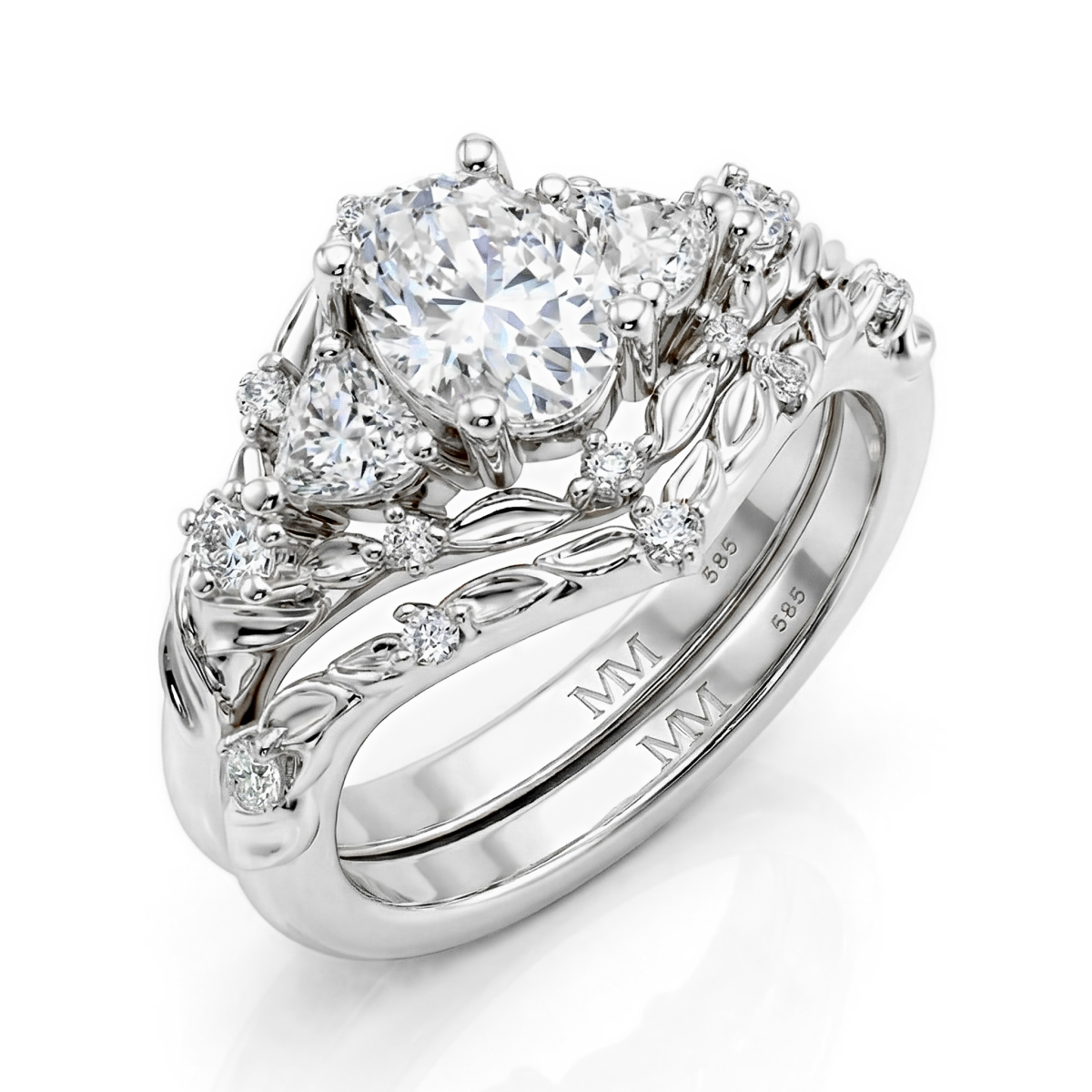 Fiorine - Ensemble bague de fiançailles et alliance en moissanite taille ovale au motif végétal