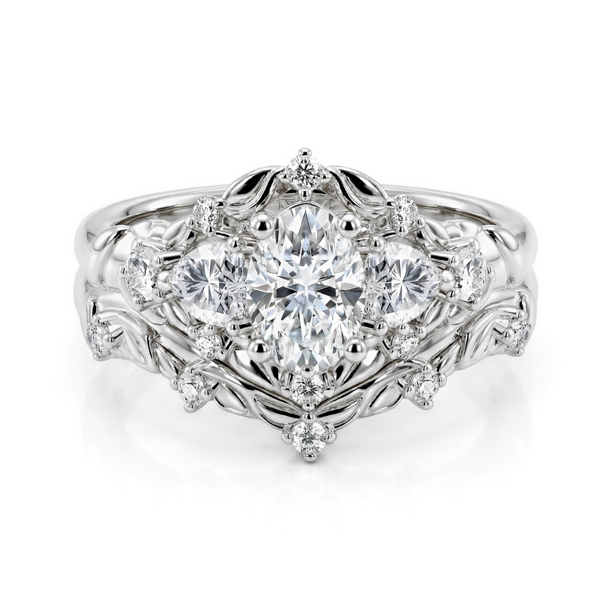 Fiorine - Ensemble bague de fiançailles et alliance en moissanite taille ovale au motif végétal