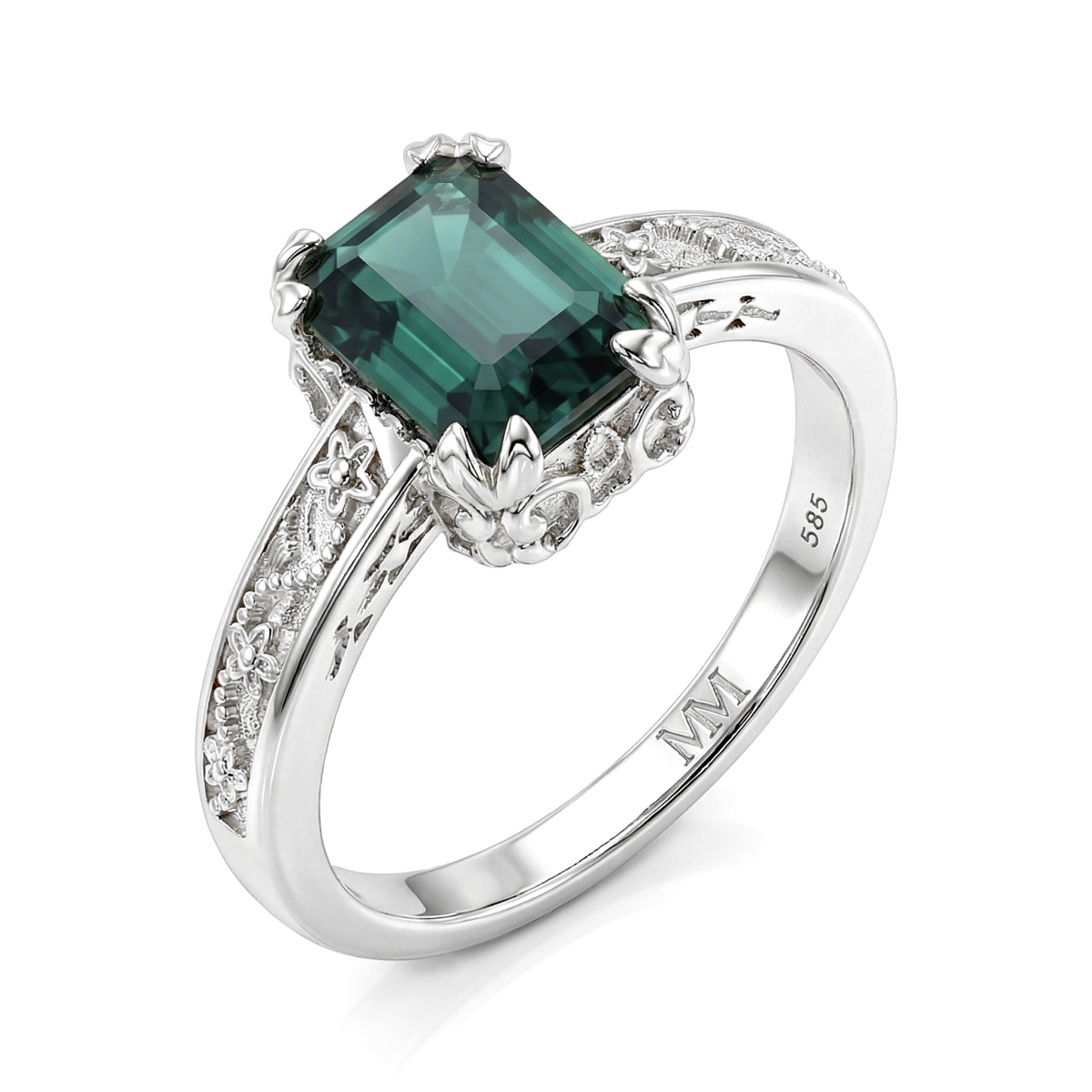 Verdisia - Bague de fiançailles vintage à motif floral en moissanite verte taille émeraude