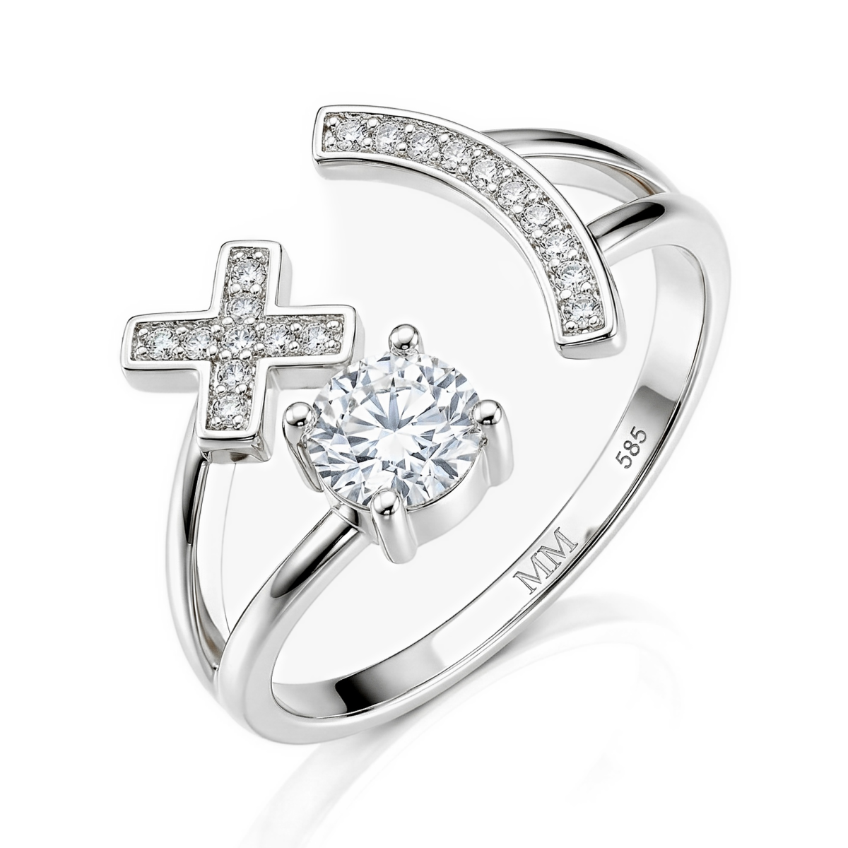 Lexis - Bague en moissanite avec motif pavé en forme de croix et de croissant