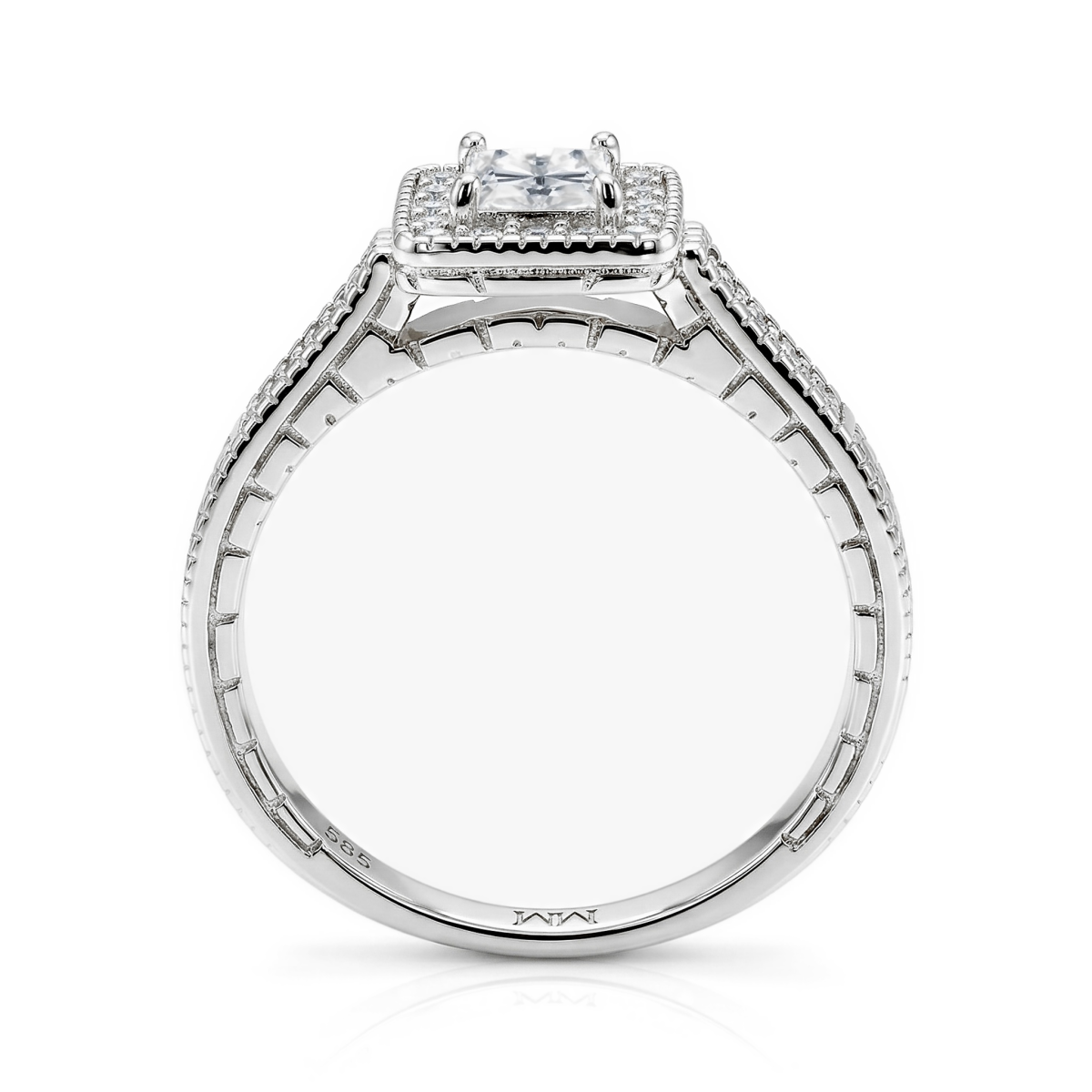 Paragone - Bague de fiançailles en moissanite taille princesse avec halo et anneau texturé