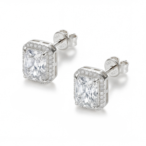 Aura - Puces d’oreilles en moissanite taille radiant avec sertissage en halo