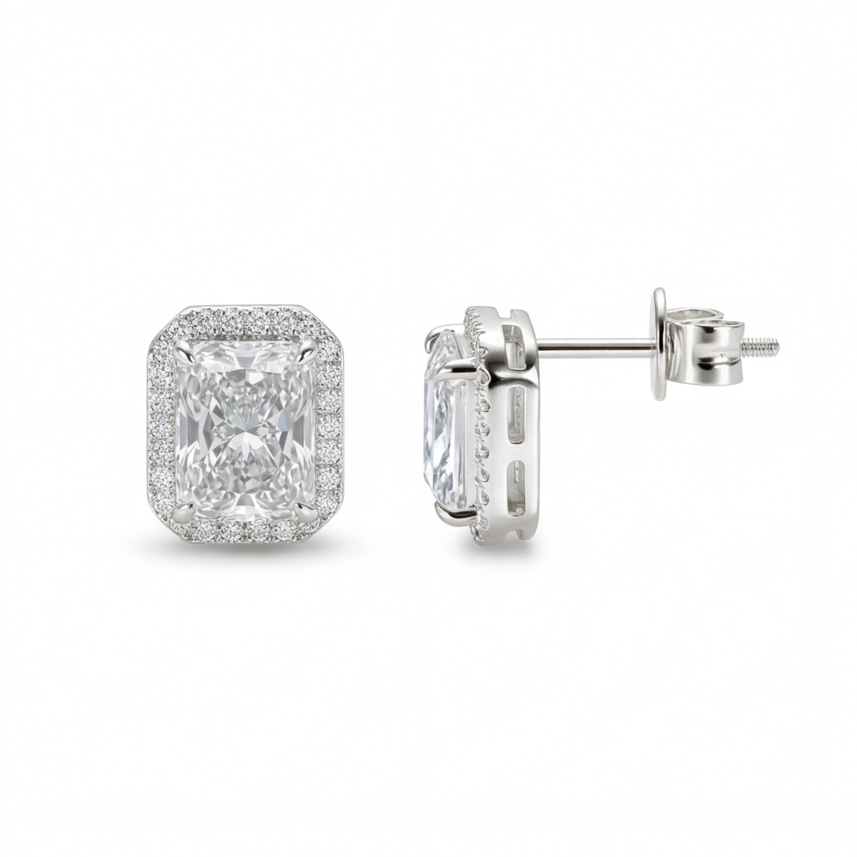 Aura - Puces d’oreilles en moissanite taille radiant avec halo