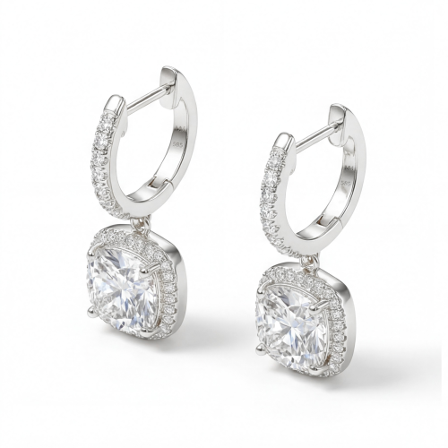 Cushion Drops - Pendants d’oreilles en moissanite avec halo et mini-créoles