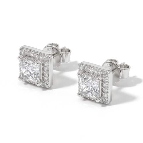 Imperia - Puces d’oreilles en moissanite taille princesse avec sertissage halo